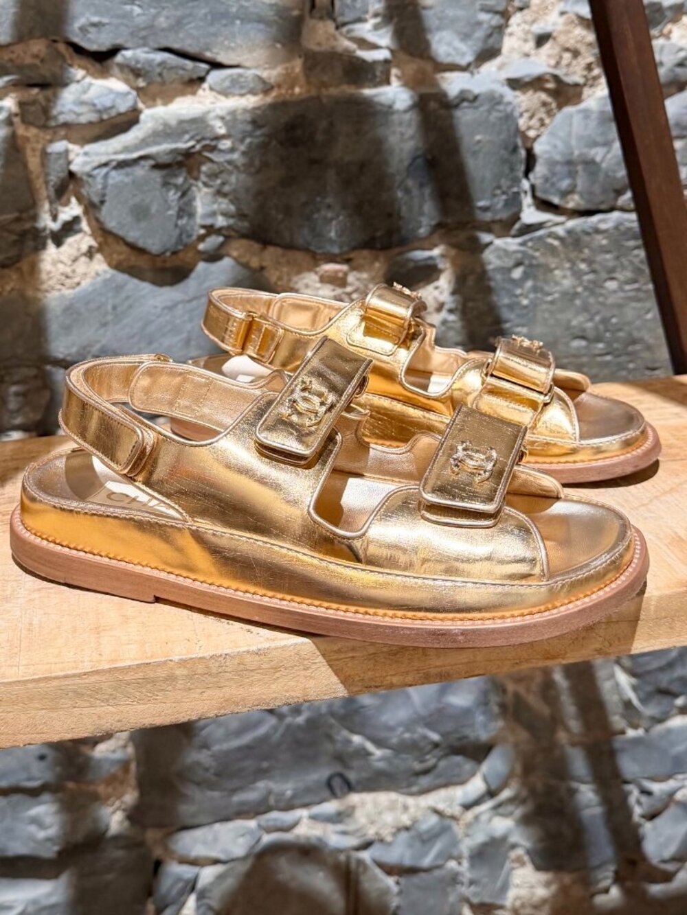 Chanel Laminated Rose Gold Dad Sandals